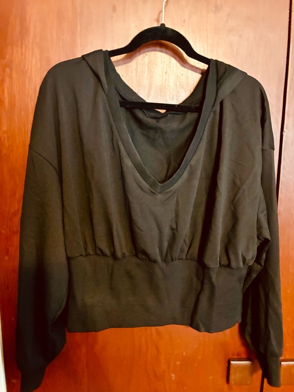SHEIN Black V-Neck Hooded Pullover Sweatshirt
